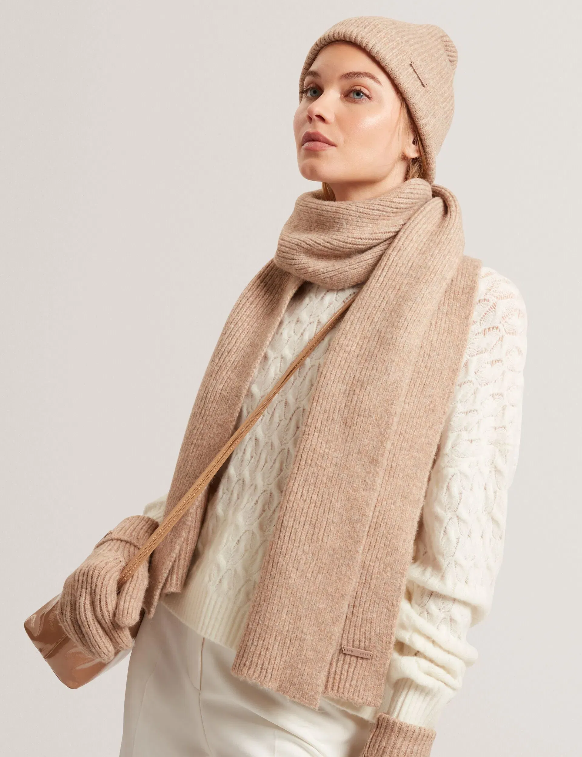 Ted Baker Lidiies Ribbed Wool Blend Knitted Scarf In Camel Women's