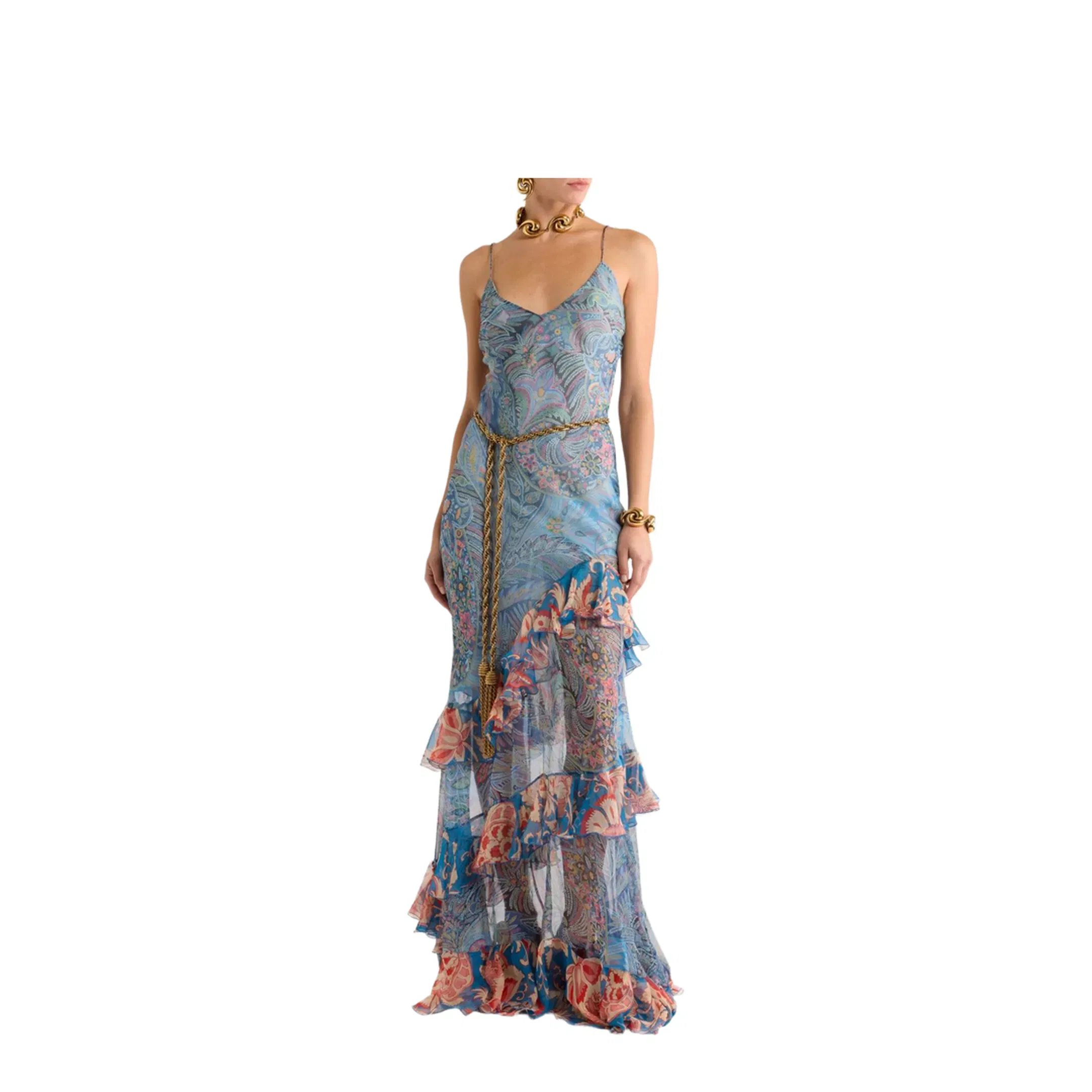 Long Dress in Silk with Ruffles and Floral Motif