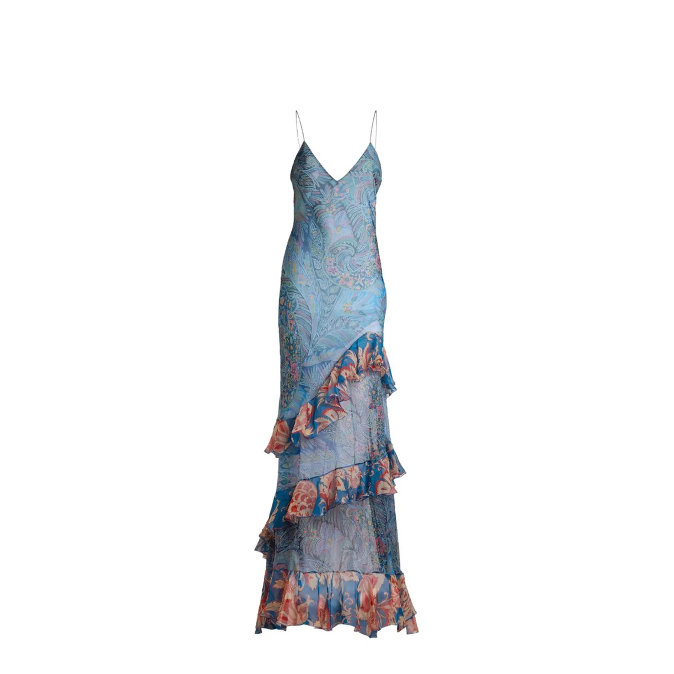 Long Dress in Silk with Ruffles and Floral Motif