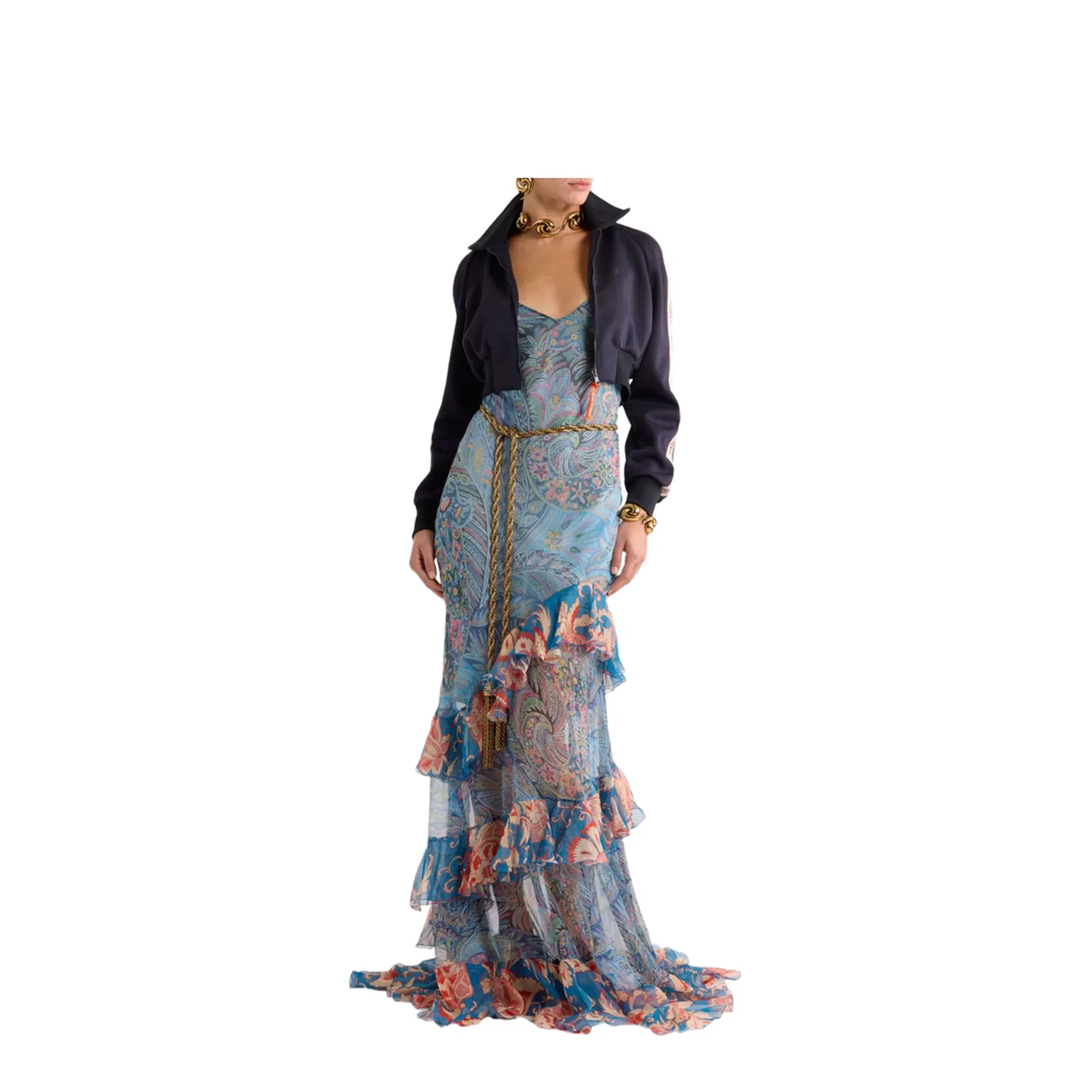 Long Dress in Silk with Ruffles and Floral Motif