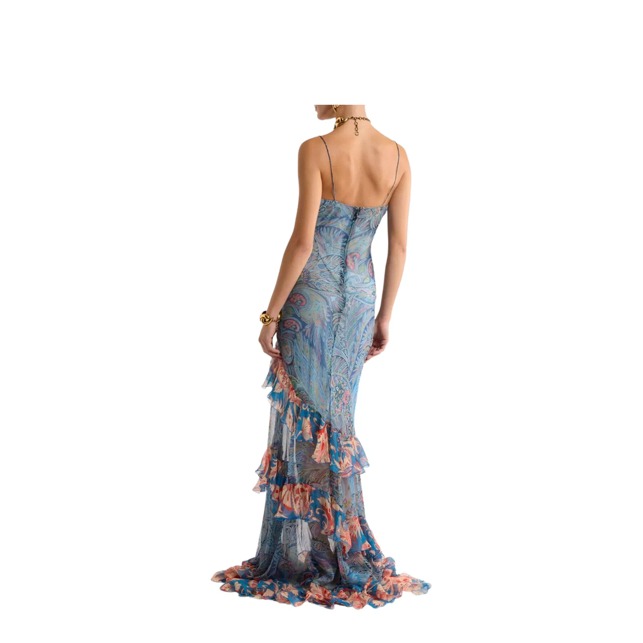 Long Dress in Silk with Ruffles and Floral Motif