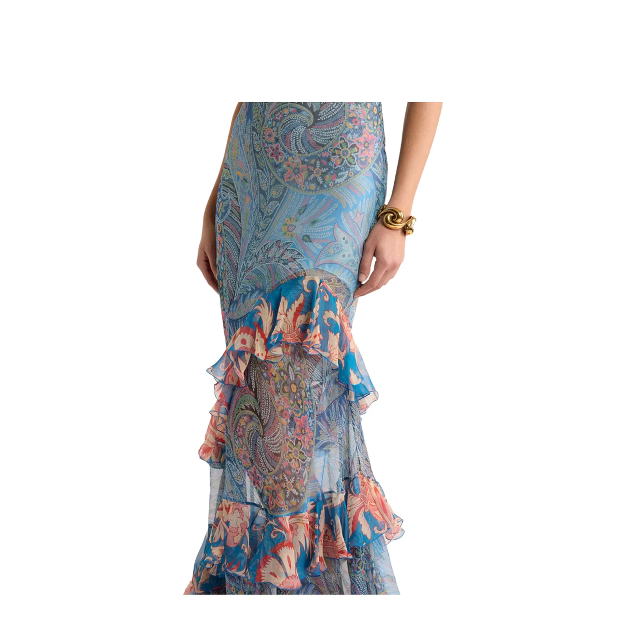 Long Dress in Silk with Ruffles and Floral Motif