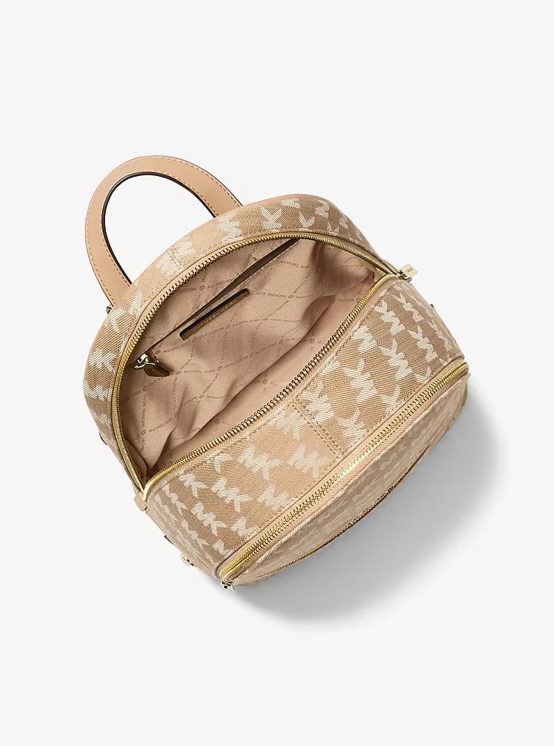 Rhea Medium Logo Jacquard Denim Backpack CAMEL