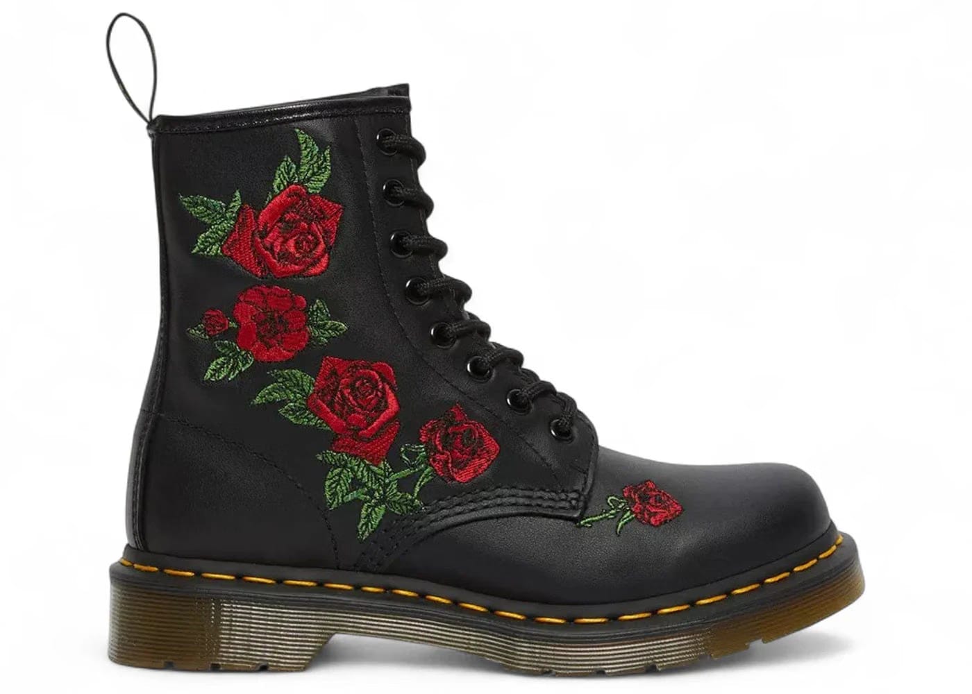 Dr. Martens 1460 Vonda Softy T Leather Lace Up Boot Black Emroidered Roses Womens