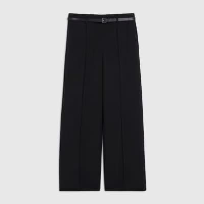 Petite Black Belted Straight Leg Trousers