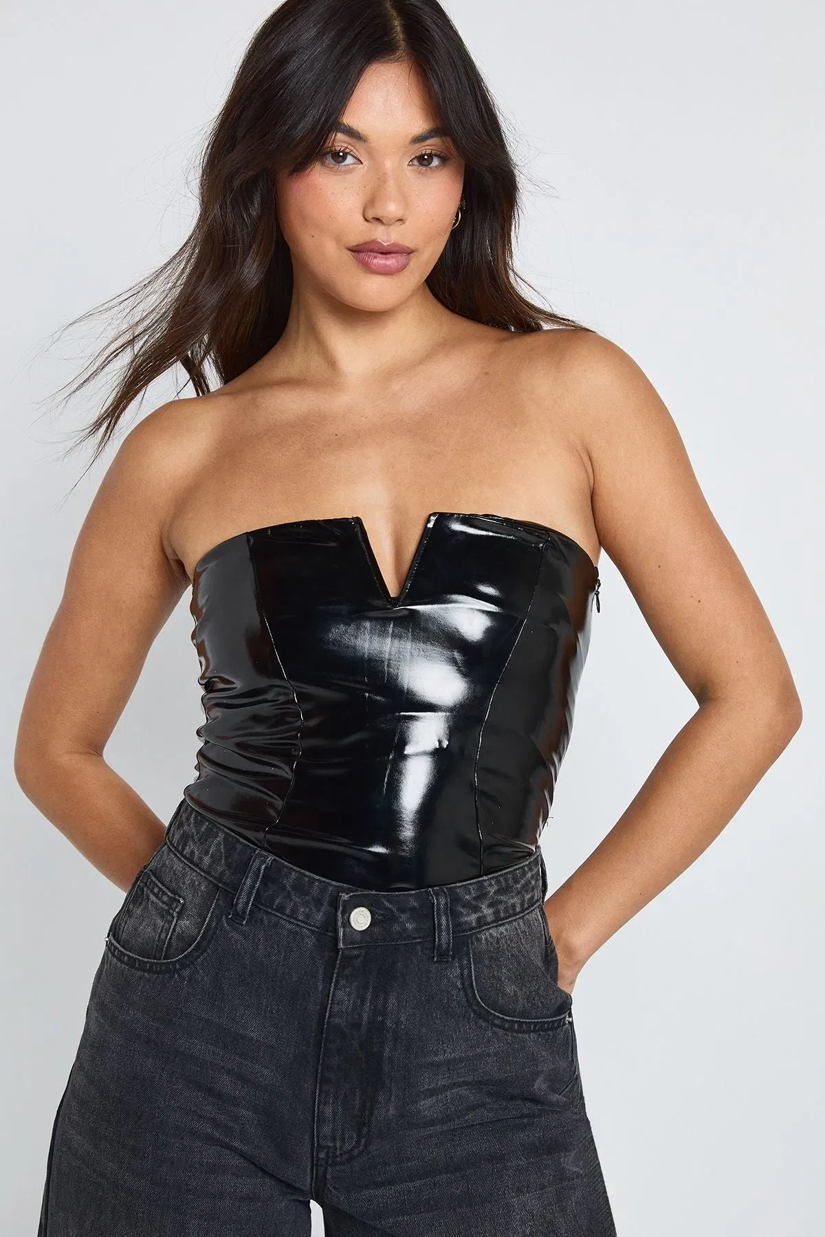 Vinyl V Front Bandeau Bodysuit