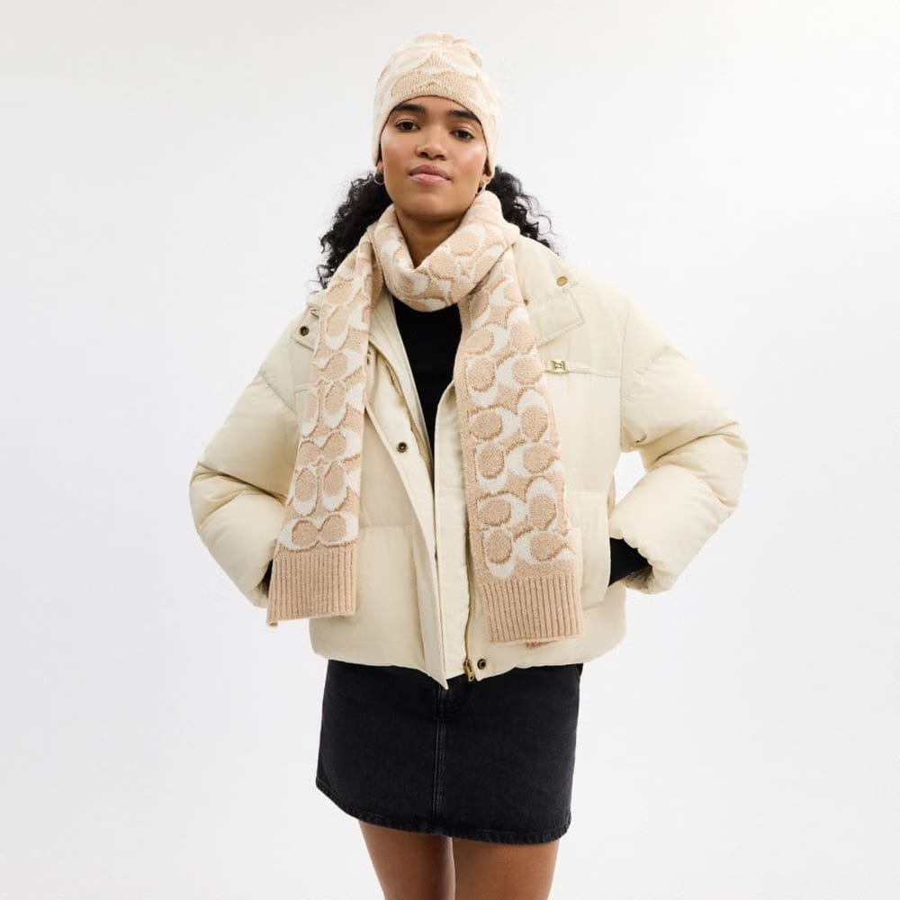 Coach Signature Metallic Beanie And Muffler Gift Set Ivory