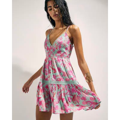 Green Floral Shirred Mini Beach Dress