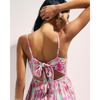 Green Floral Shirred Mini Beach Dress
