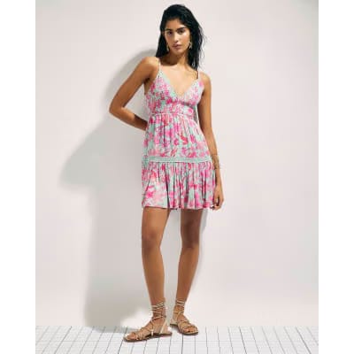 Green Floral Shirred Mini Beach Dress