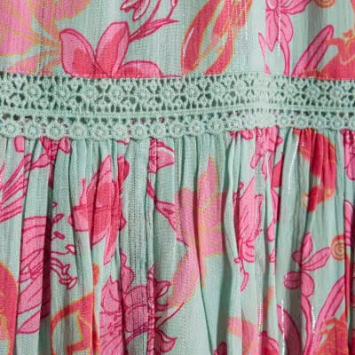 Green Floral Shirred Mini Beach Dress