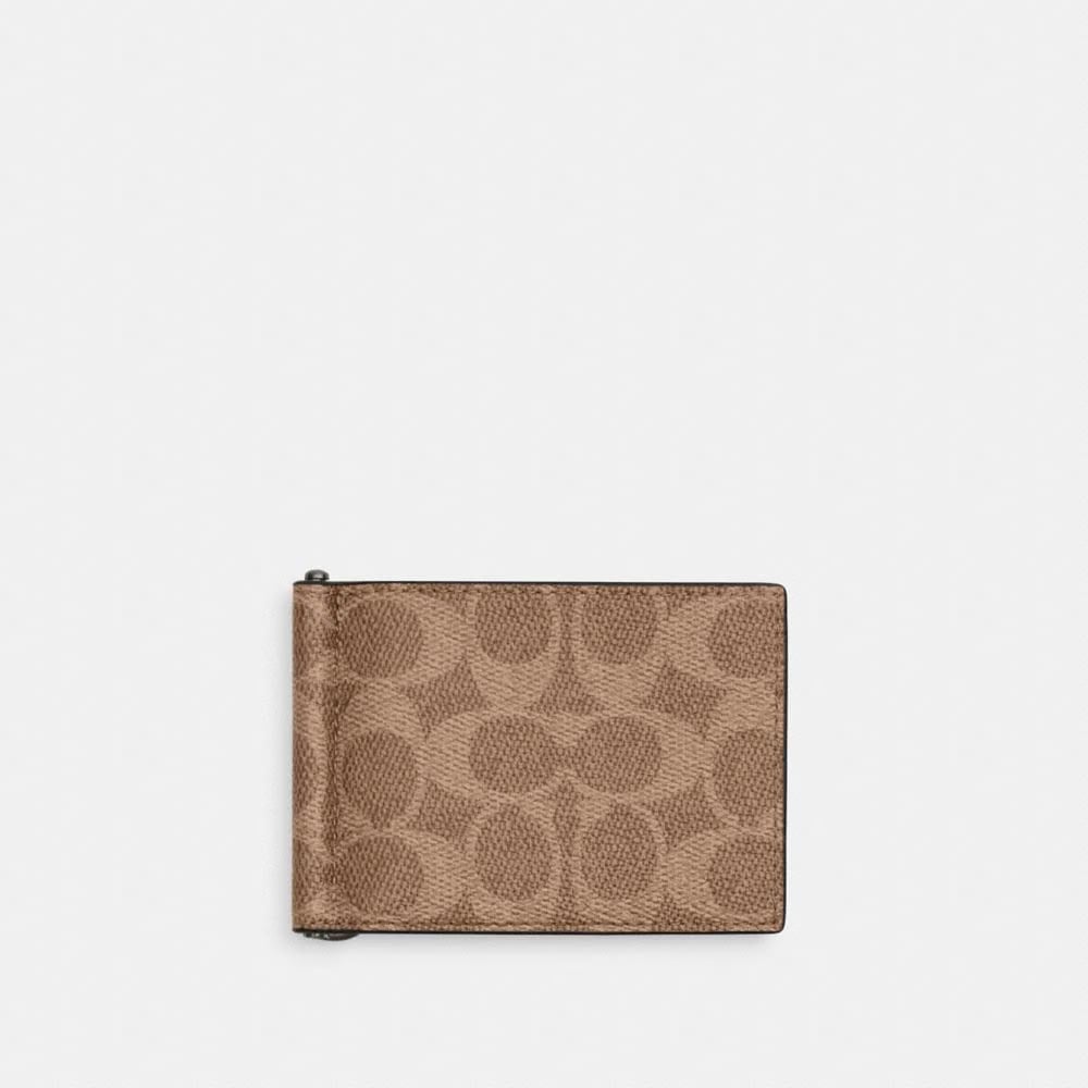 Coach Slim Money Clip Billfold Wallet In Signature Canvas Gunmetal Tan Black