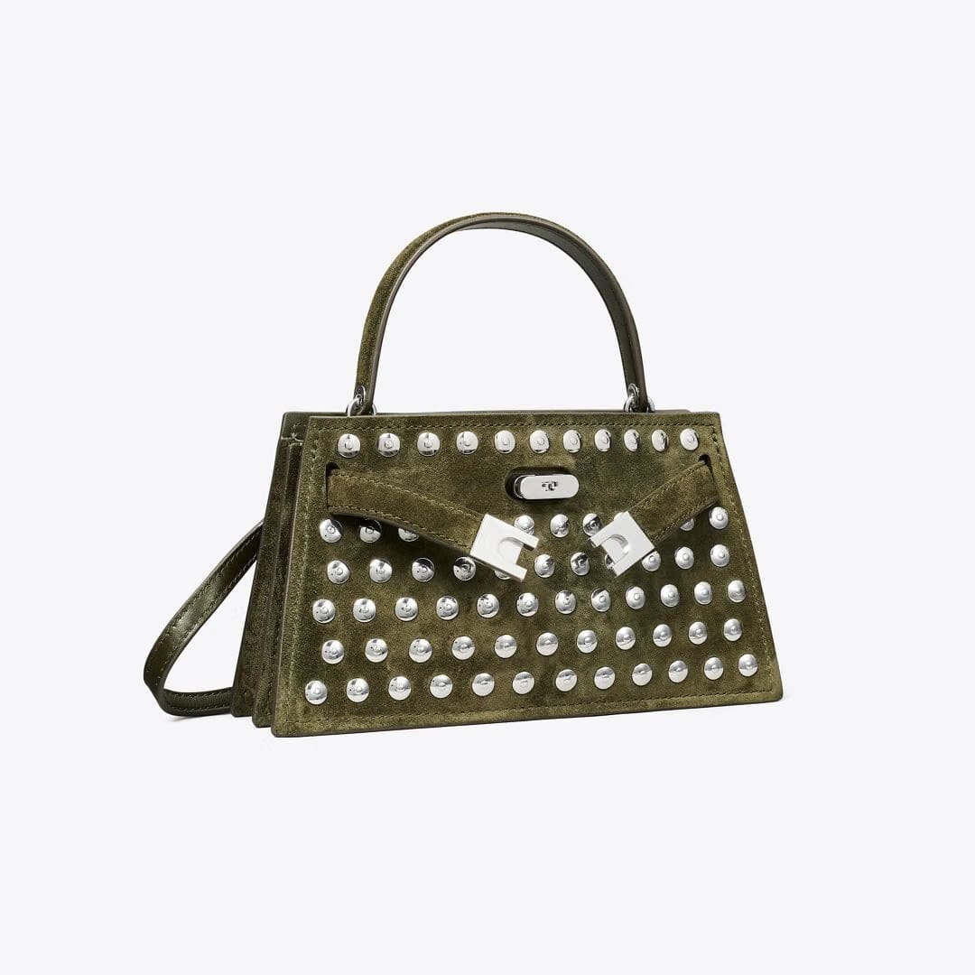 Tory Burch Mini Lee Radziwill Studded Suede Top-Handle Bag Dark Olive