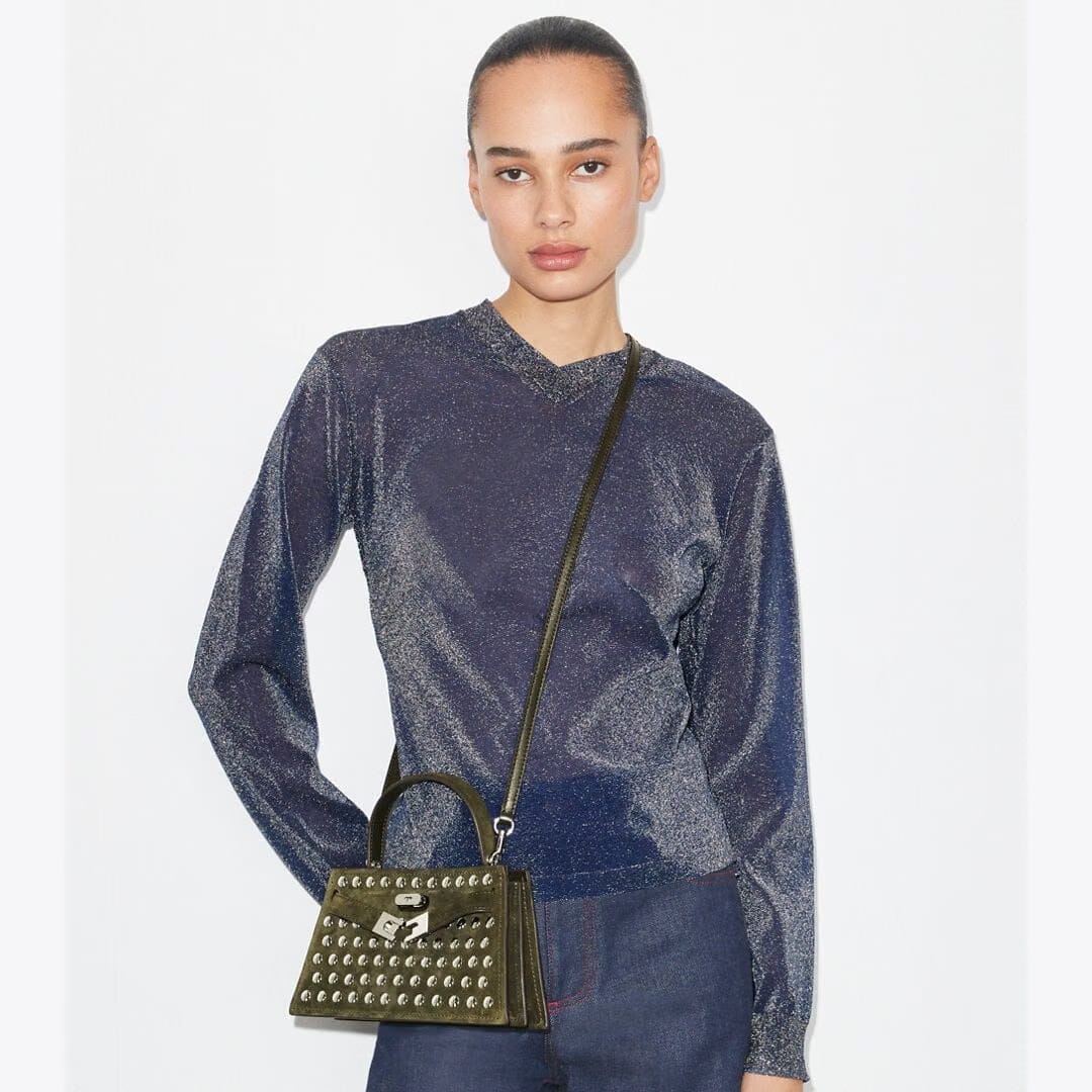 Tory Burch Mini Lee Radziwill Studded Suede Top-Handle Bag Dark Olive