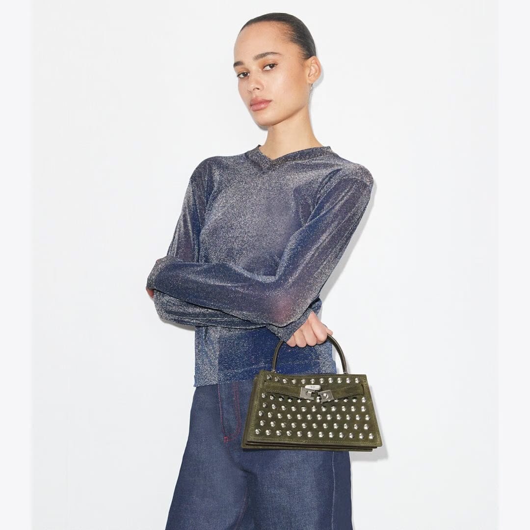 Tory Burch Mini Lee Radziwill Studded Suede Top-Handle Bag Dark Olive