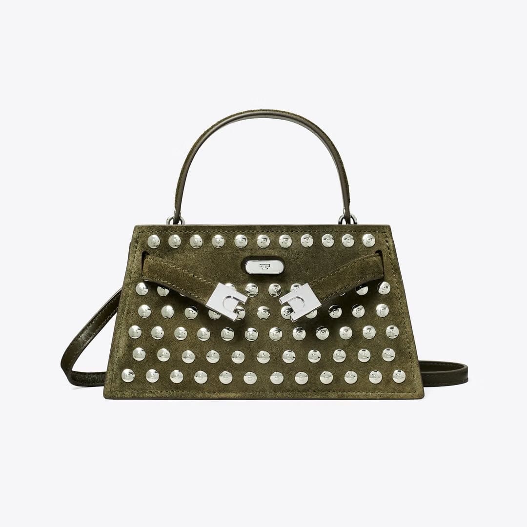 Tory Burch Mini Lee Radziwill Studded Suede Top-Handle Bag Dark Olive
