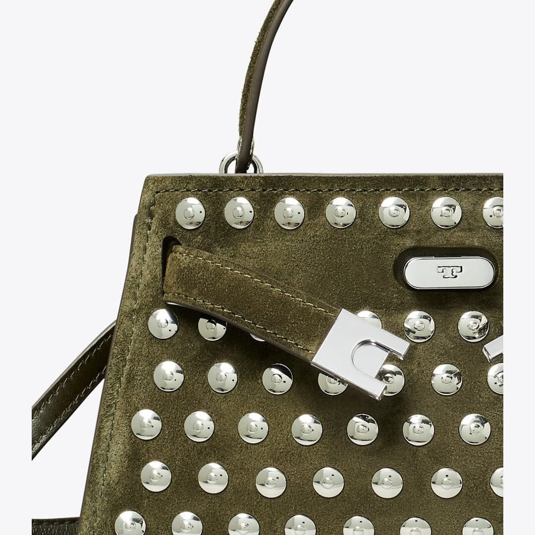 Tory Burch Mini Lee Radziwill Studded Suede Top-Handle Bag Dark Olive