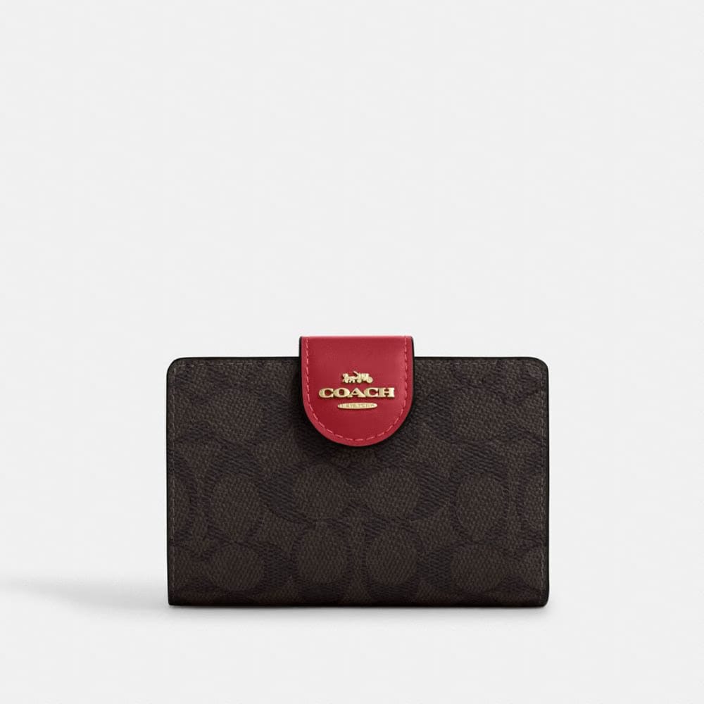Coach Medium Corner Zip Wallet In Signature Canvas Gold Walnut True Red