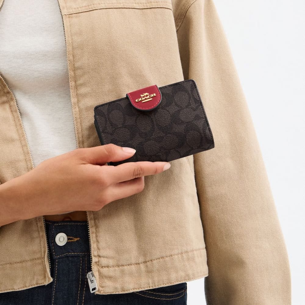 Coach Medium Corner Zip Wallet In Signature Canvas Gold Walnut True Red