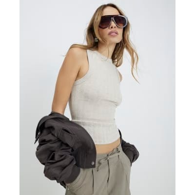 Beige Sleeveless Wide Ribbed Tank Top