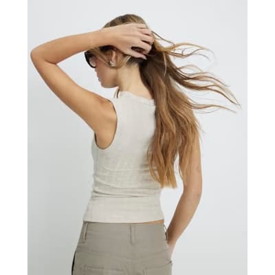 Beige Sleeveless Wide Ribbed Tank Top