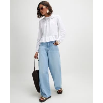 White Long Sleeve Jersey Floral Broderie Top