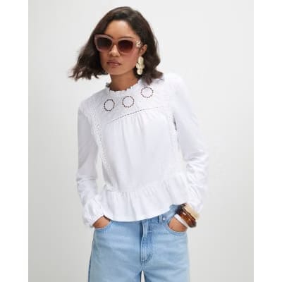 White Long Sleeve Jersey Floral Broderie Top