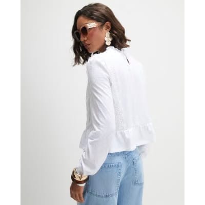 White Long Sleeve Jersey Floral Broderie Top