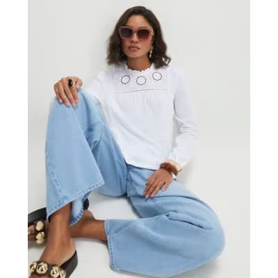 White Long Sleeve Jersey Floral Broderie Top