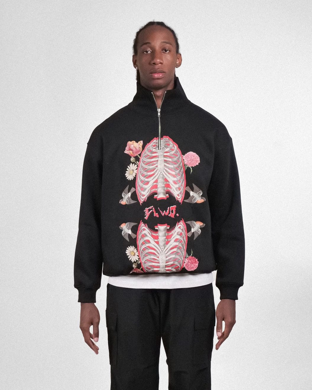 FLWD - Bone Bloom Black Quarter Zip Unisex Oversized Sweatshirt