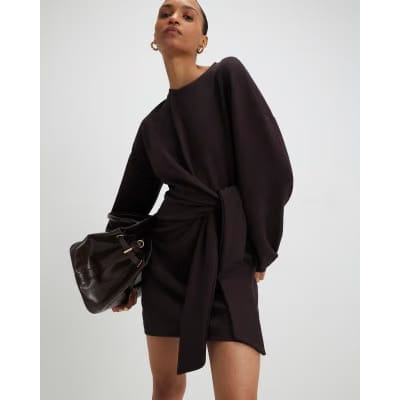 Brown Knot Side Mini Dress