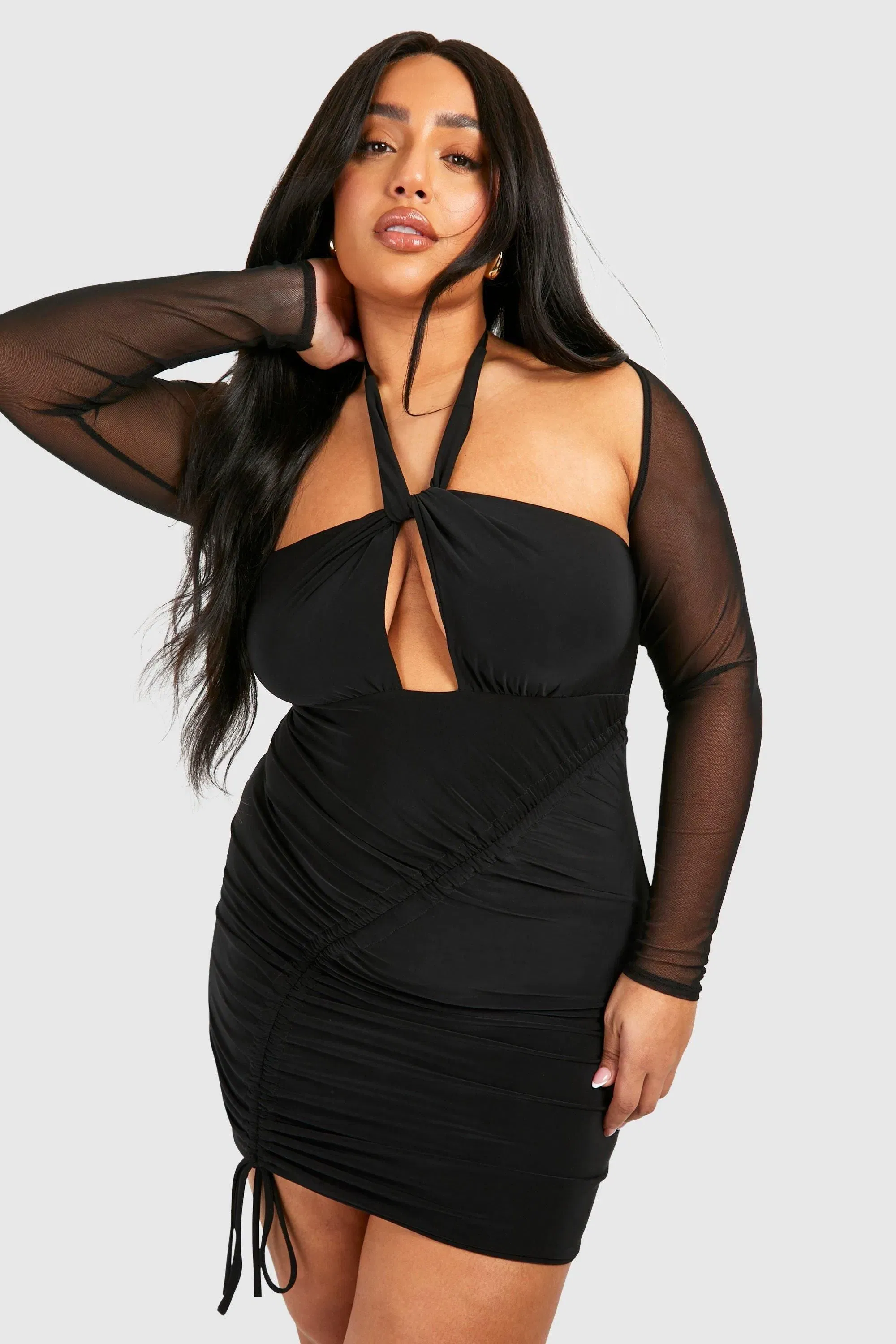 Plus Mesh Sleeve Double Slinky Bodycon Dress