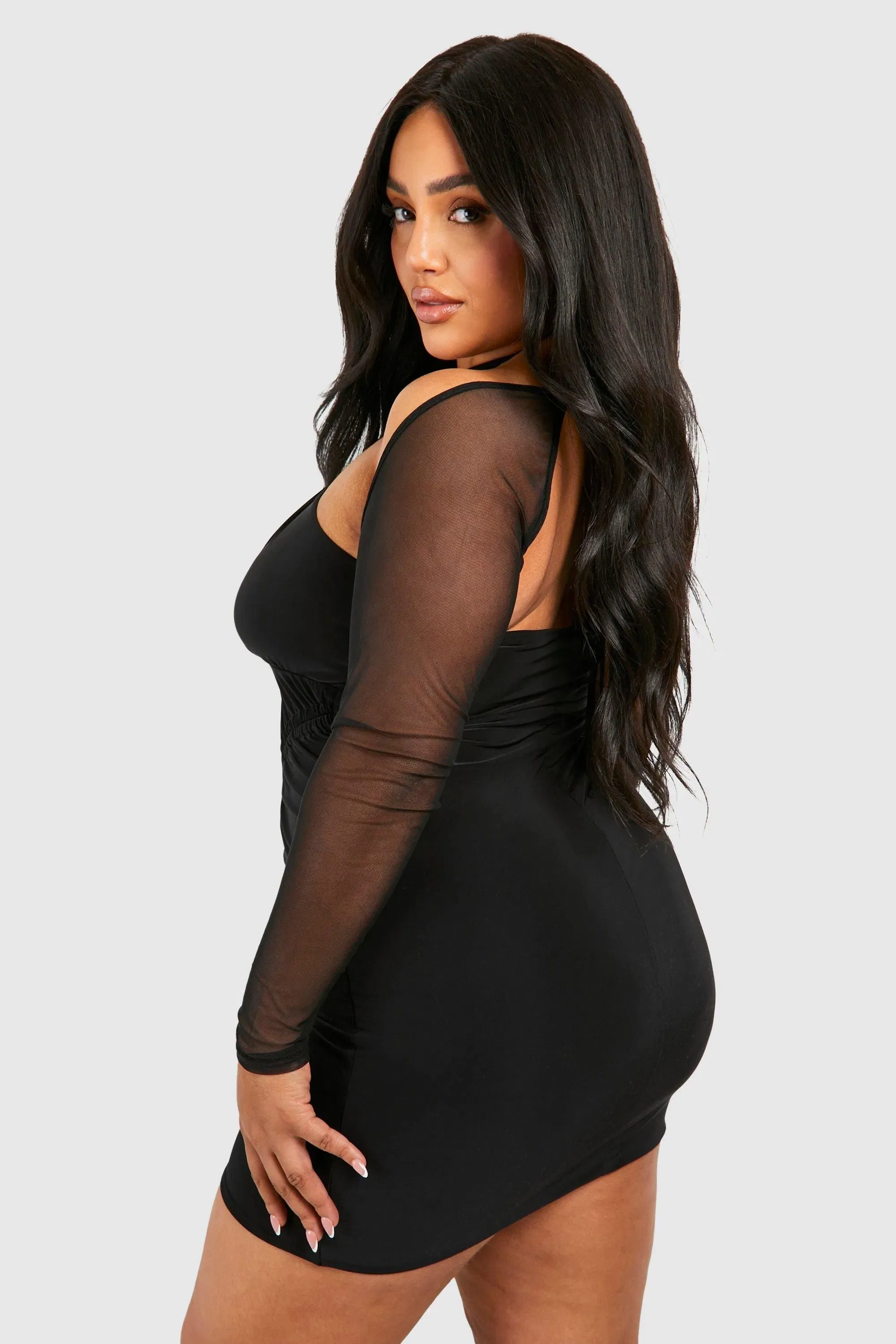 Plus Mesh Sleeve Double Slinky Bodycon Dress