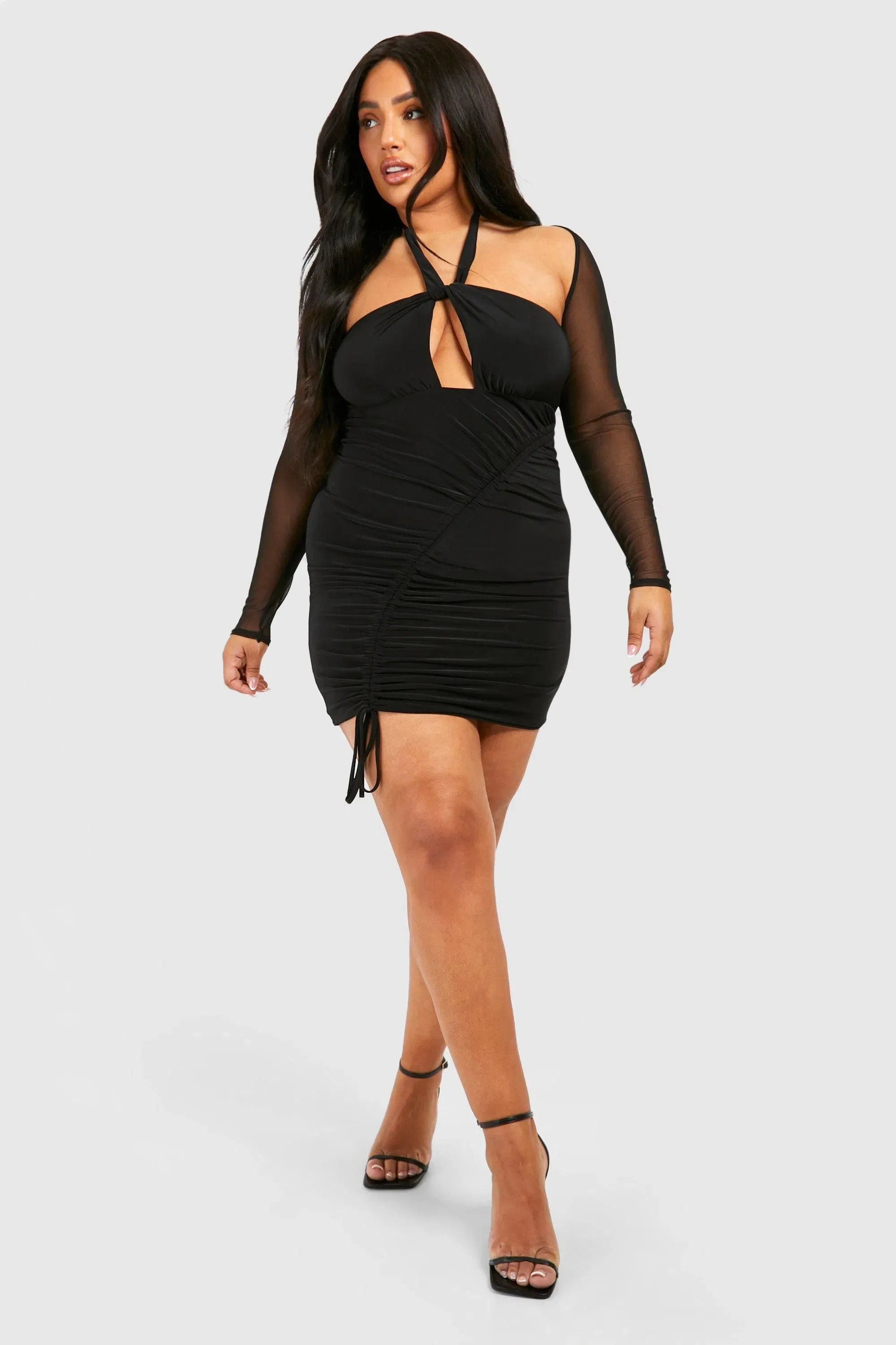 Plus Mesh Sleeve Double Slinky Bodycon Dress