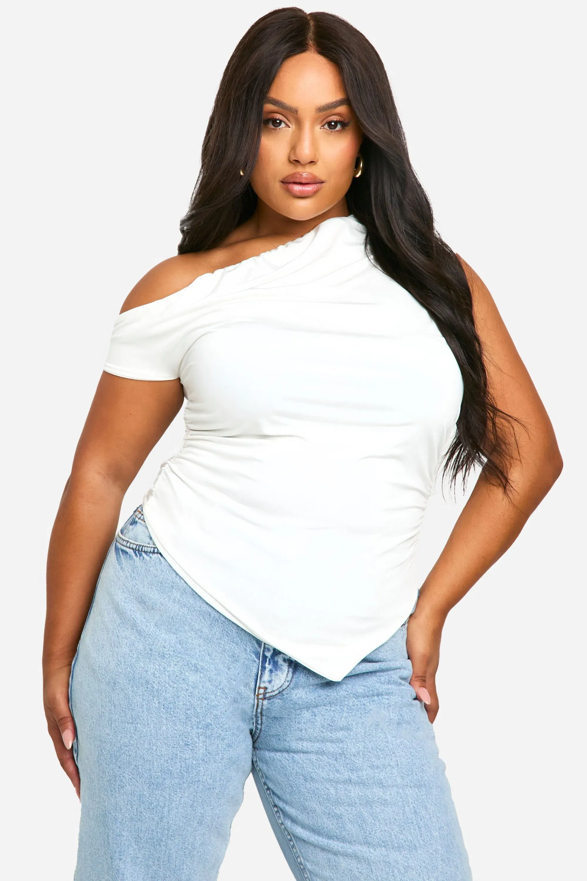 Plus Double Slinky Asymmetric Neckline Pointed Hem Top