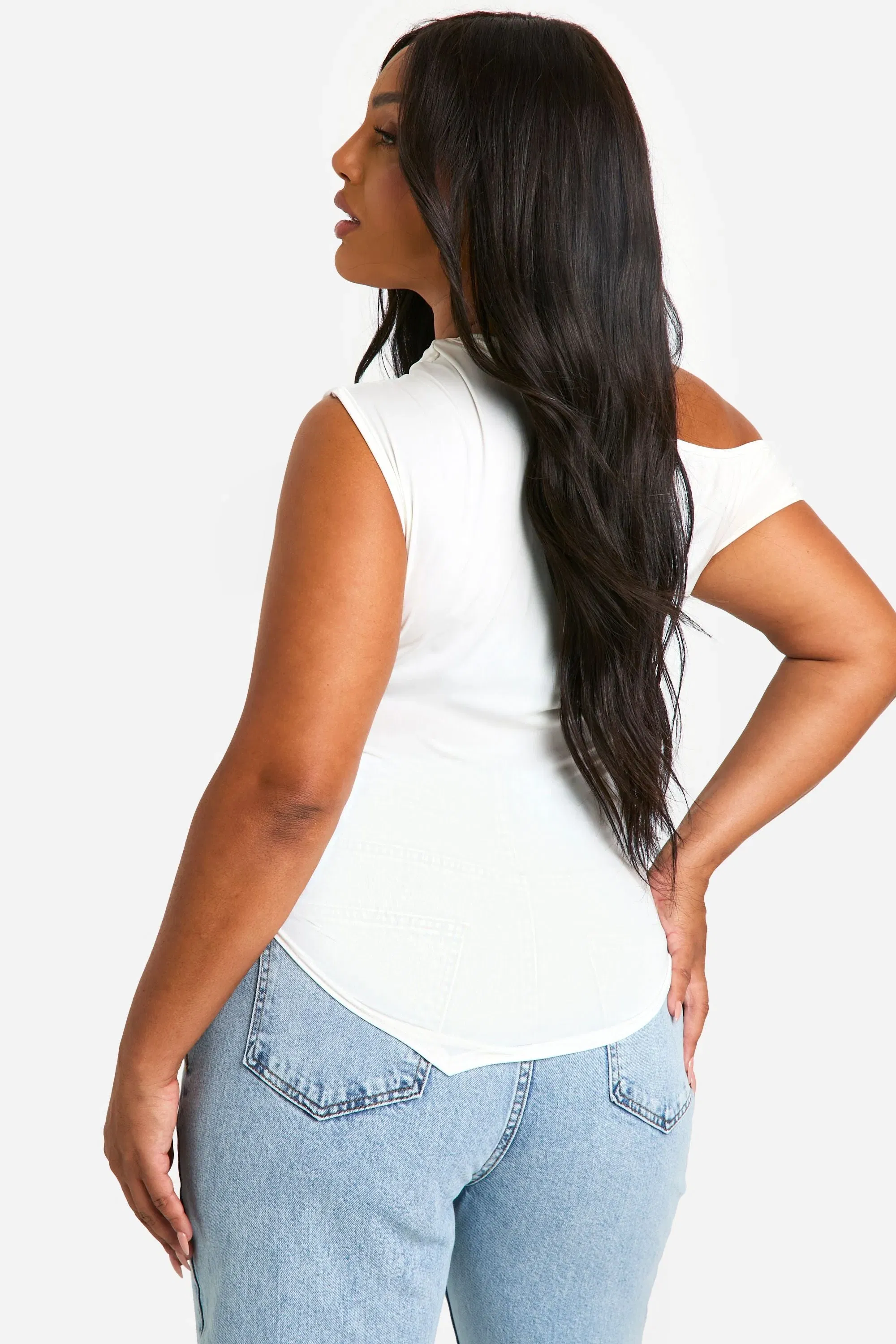 Plus Double Slinky Asymmetric Neckline Pointed Hem Top