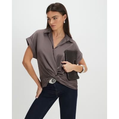 Purple Short Sleeve Wrap Front Blouse