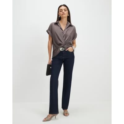 Purple Short Sleeve Wrap Front Blouse