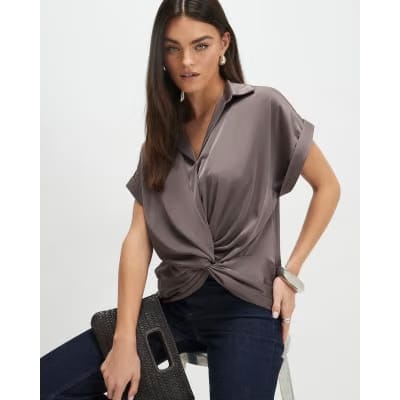 Purple Short Sleeve Wrap Front Blouse