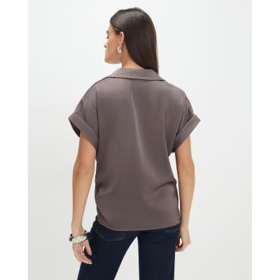 Purple Short Sleeve Wrap Front Blouse