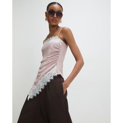 Pink Sleeveless Lace Trim Cami Top