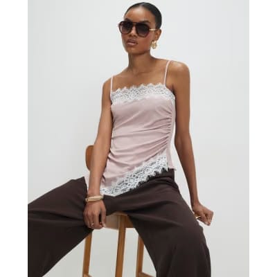 Pink Sleeveless Lace Trim Cami Top