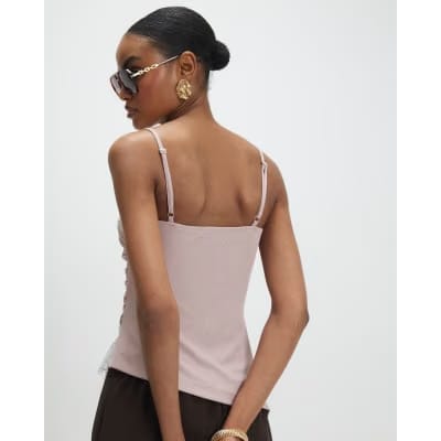 Pink Sleeveless Lace Trim Cami Top
