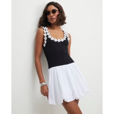 Black Sleeveless Floral Bubble Hem Mini Dress