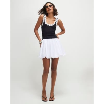 Black Sleeveless Floral Bubble Hem Mini Dress