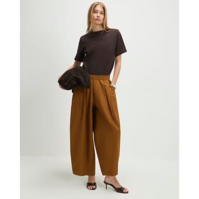 Brown Cotton Poplin Barrel Leg Trousers