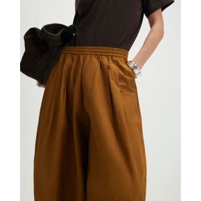 Brown Cotton Poplin Barrel Leg Trousers