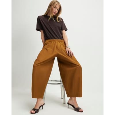 Brown Cotton Poplin Barrel Leg Trousers