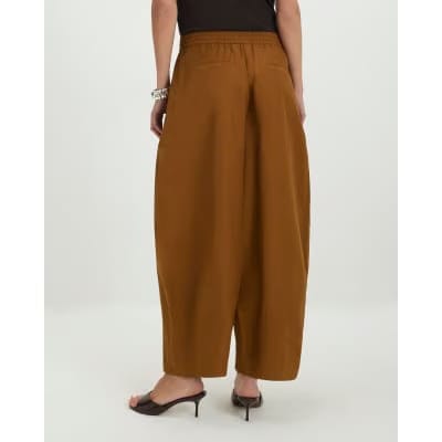 Brown Cotton Poplin Barrel Leg Trousers