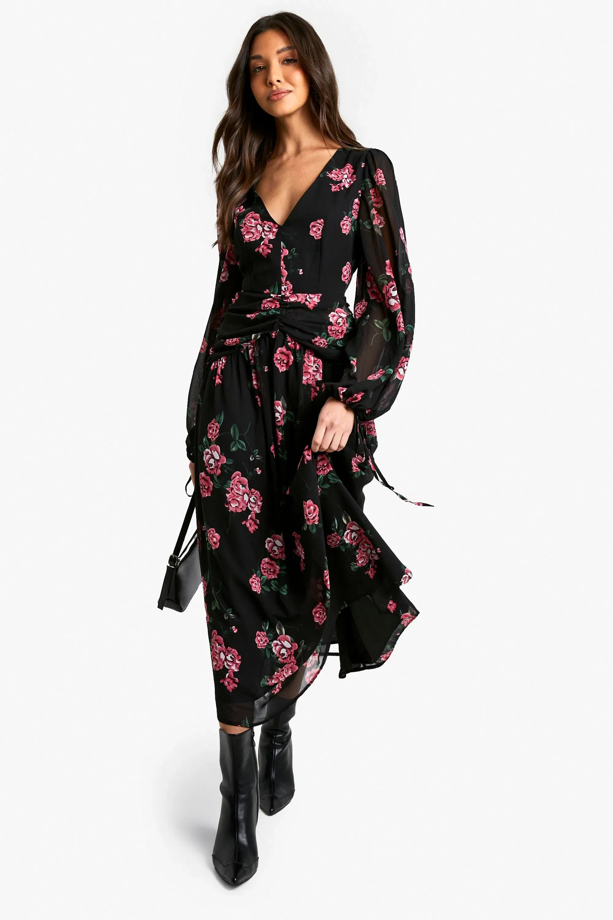 Floral Chiffon Ruched Waist Midaxi Dress